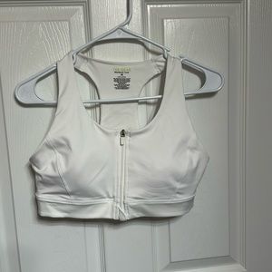 Ladies, white, zip front, sports bra